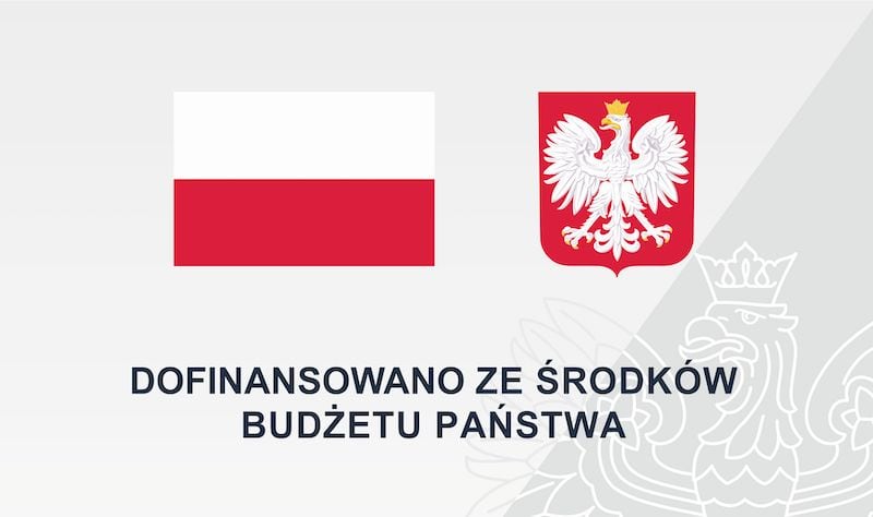 Flaga i Godło Polski z podpisem Dofinansowano ze środków Budżetu Państwa