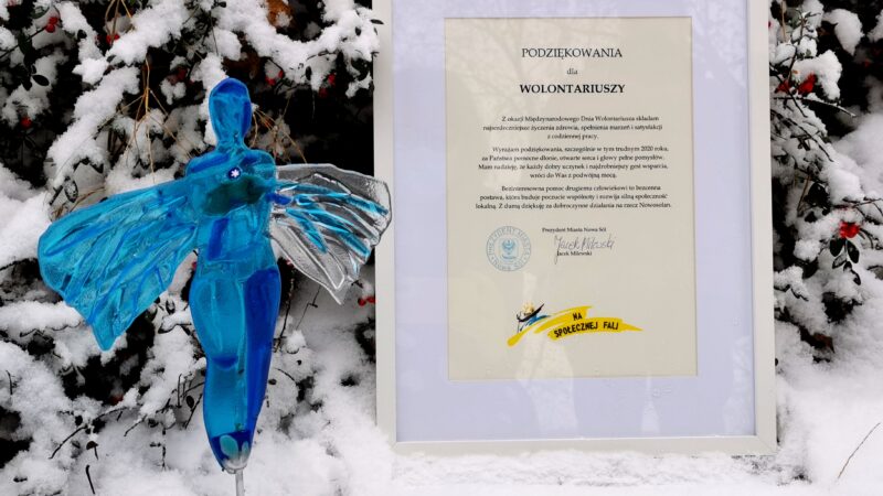 szklany anioł na tle śniegu i jarzębiny oraz dyplom z podziękowaniem dla wolontariuszy z okazji międzynarodowego dnia wolontariusza