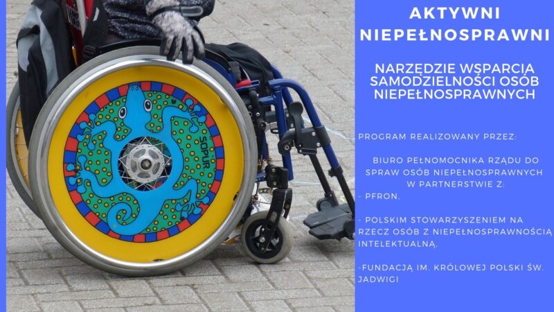 grafika przedstawia zdjęcie osoby siedzącej na wózku inwalidzkim, którego koła są pomalowane we wzór kolorowej mandali