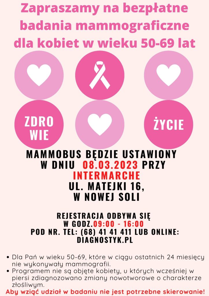 Plakat informujący o9 badaniach w mammobusie.