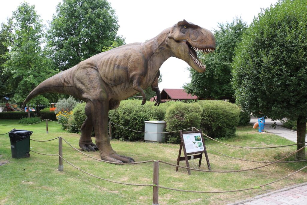 Figura Tyranozaura stojącego na trawie w w parku