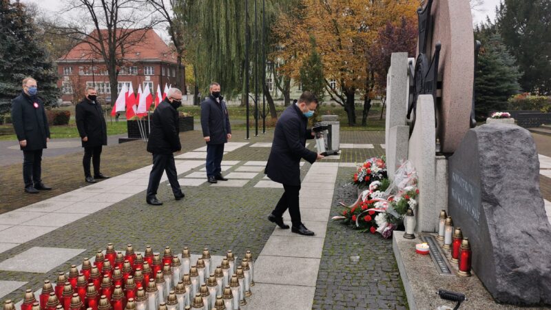 składanie kwiatów przed pomnikiem bohaterom walk o Polskę