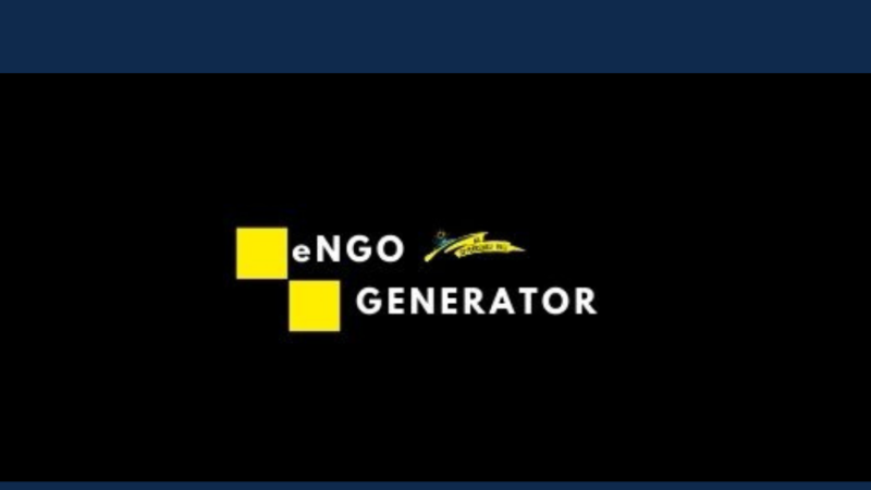 baner engo generator - na granatowym i czarnym tle znajdują się żółte kwadraty z napisem engo generator