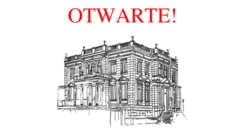 obrazek z grafiką przedstawiającą budynek Muzeum Miejskiego w Nowej Soli umieszczoną na środku strony na białym tle. Nad nim, wzdłuż górnej krawędzi, czerwony napis „OTWARTE!
