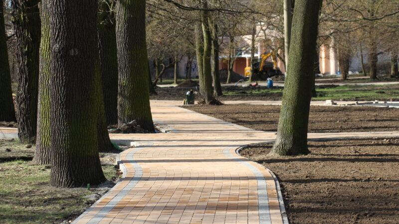 rewaloryzacja parku Odry - prace budowlane, nowe chodniki, drzewa w parku