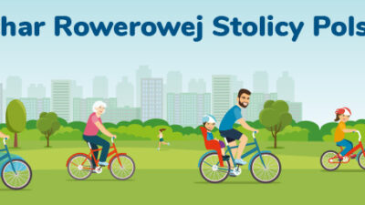 baner z rowerzystami oraz napis Puchar Rowerowej stolicy Polski czerwiec 2021