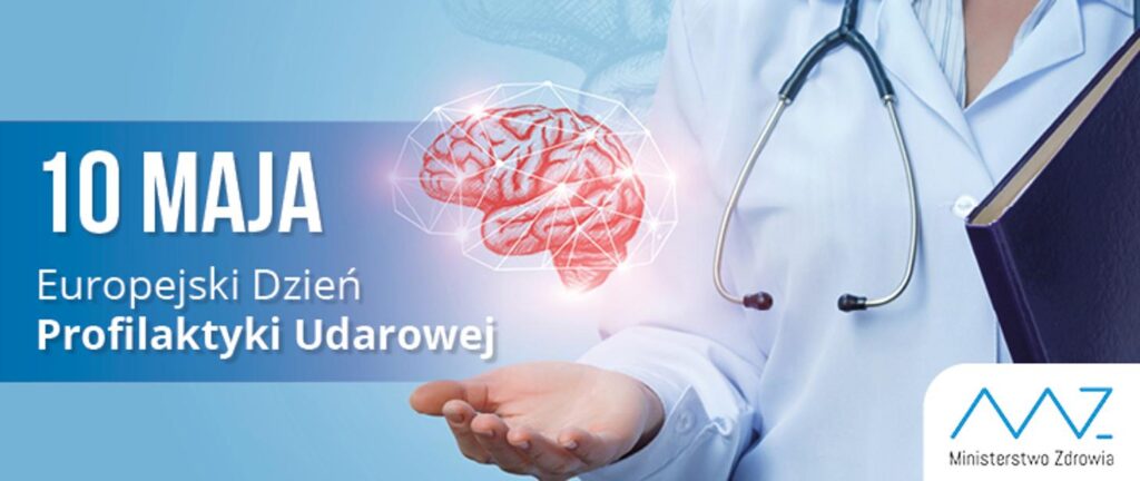 grafika przedstawia popiersie lekarza, który trzyma wyciągniętą dłoń, a nad nią jest narysowany mózg w poświacie ze światełek, napis po lewej stronie 10 maja Europejski Dzień Profilaktyki Udarowej