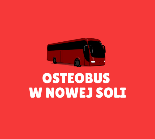 na czerwonym tle znajduje się autobus, a pod nim napis osteobus w nowej soli
