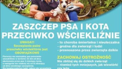plakat zachęcający do szczepienia kota i psa przeciwko wściekliźnie, na zdjęciu mężczyzna, kobieta i pies