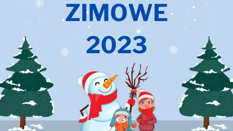 na grafice znajduje się dwójka dzieci - chłopiec i dziewczynka, ubranych w zimowe ubrania, stoja obok śnieznego bałwana, który trzyma miotłę z patyków