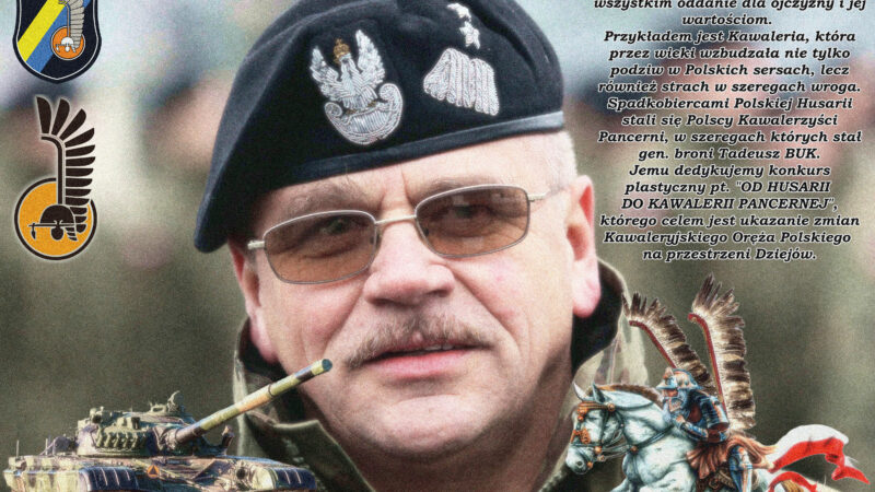 plakat zapraszający na wydarzenie pn powitajmy sztafetę pamięci generał Tadeusza Buka. Na zdjęciu generał Buk