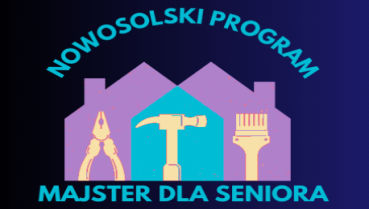 na tle domów widoczne narzędzia - kombinerki, młotek i pędzel. ,napis nowosolski program majster dla seniorów