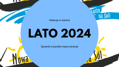 plakat składający się z czterokrotnie powtarzającego się logo Nowej Soli oraz głównej informacji pn Lato 2024