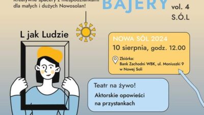 plakat zapraszający na spacery to bajery. na plakacie znajdują się daty oraz godziny i temat spotkania oraz loga teatru, muzeum miejskiego, firmy model i na społecznej fali.