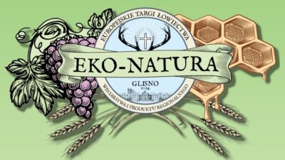 logo targów łowieckich eko-naturqa glisno, na dole kłosy zboża, z lewej strony kiść winogron,