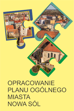 obrazek na którym są trzy puzzle z wizerunkiem zabudowy miejskiej, pod nimi napis opracowanie planu ogólnego miasta nowa sól